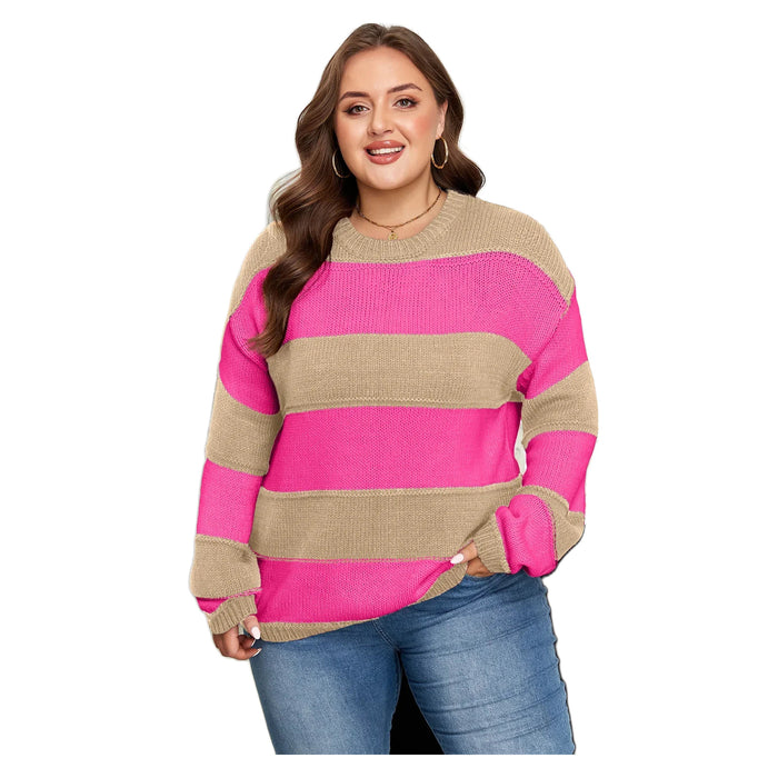 Women's Khaki Stripe Plus Size Drop Shoulder Sweater
