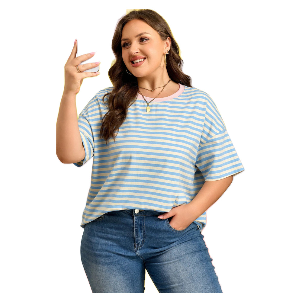 Women's Sky Blue Striped Plus Size Contrast-Trim T-Shirt