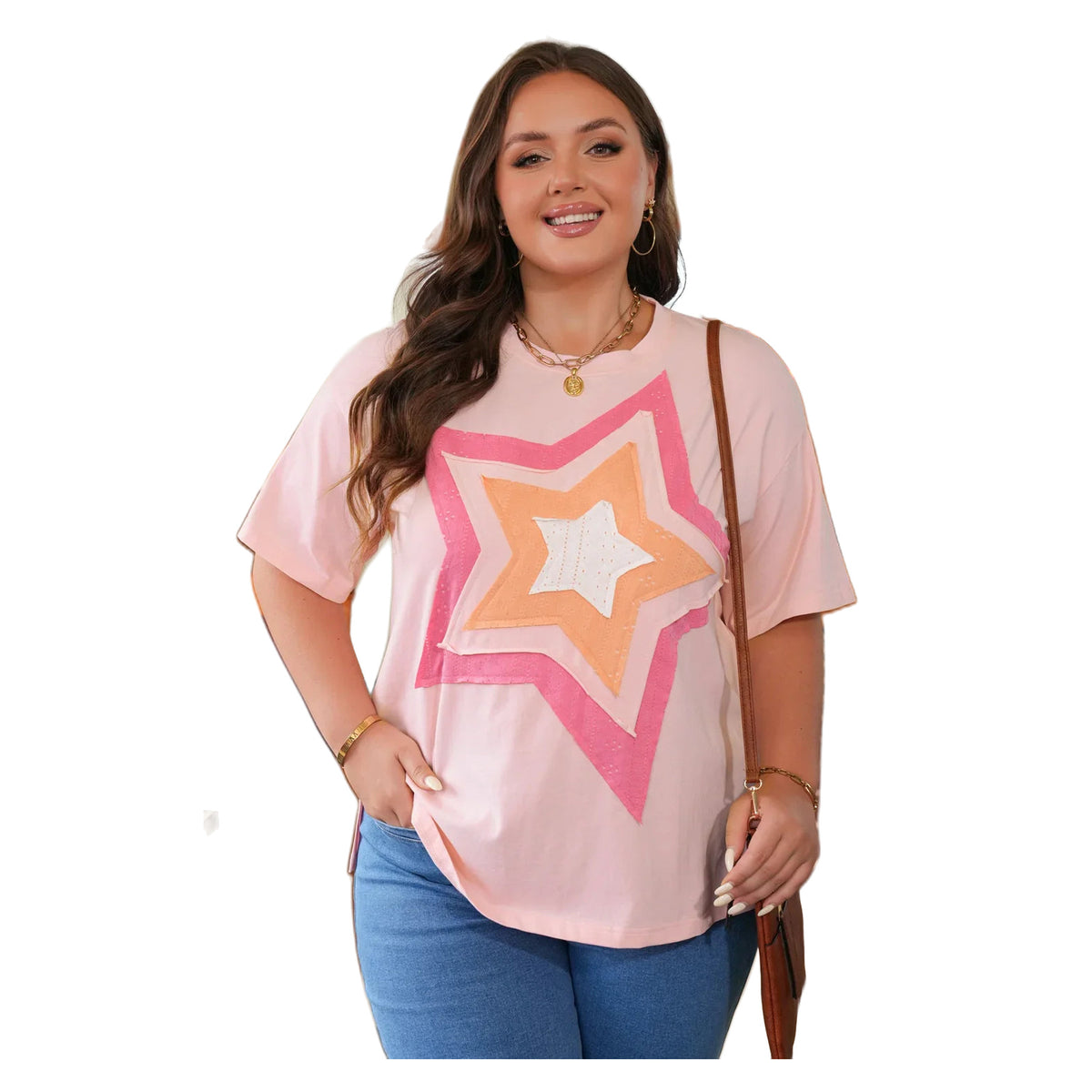 Women's Light Pink Plus Size Star Applique T-Shirt