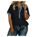 Women's Black Plus Size Denim-Trim Button Polo T-Shirt