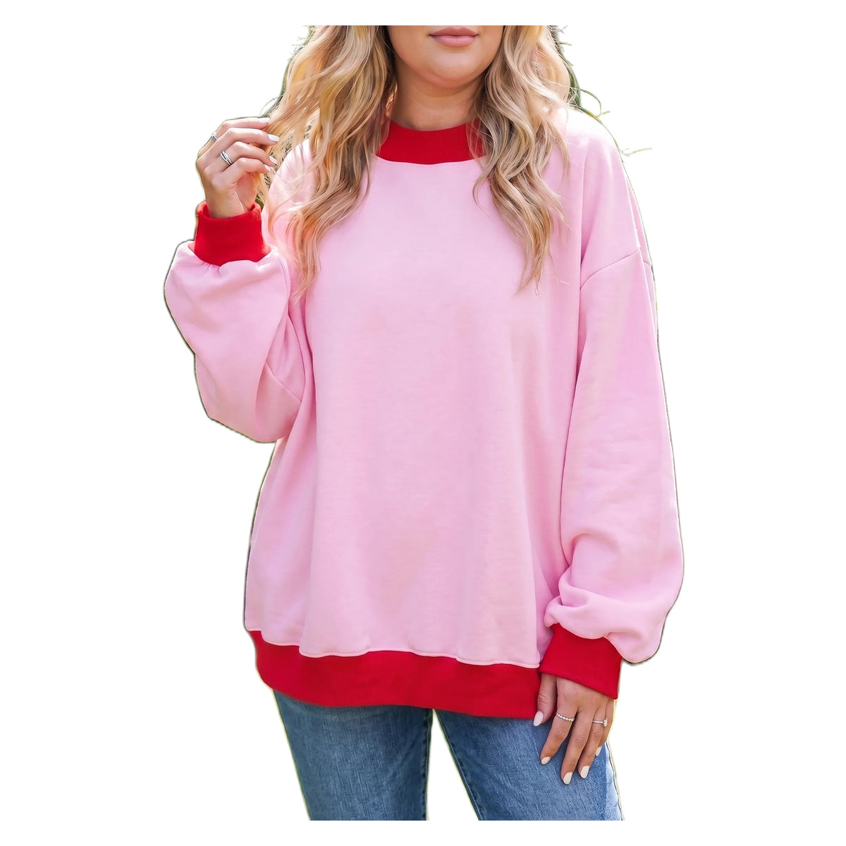 Women's Pink Plus Size Contrast-Trim Sweatshirt