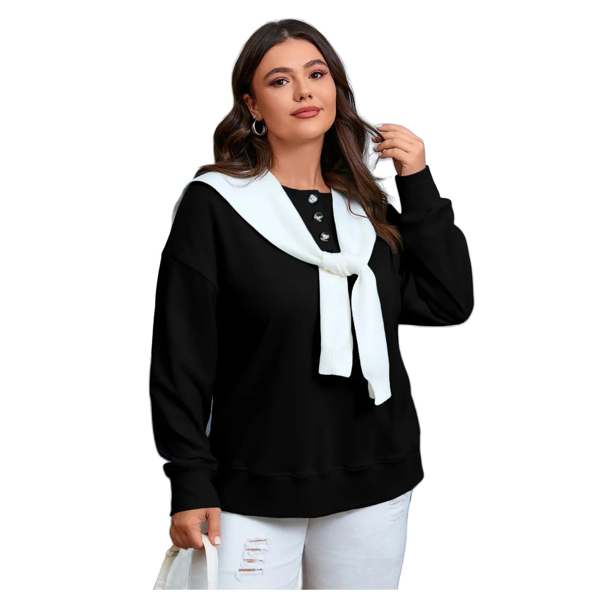 Women's Black Plus Size Button-Placket Sweatshirt