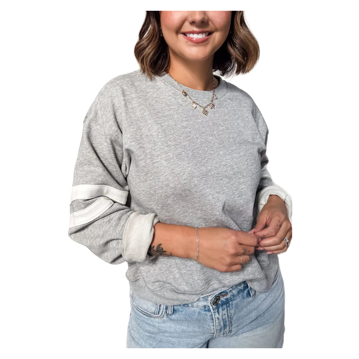 Women's Light Gray Plus Size Striped-Sleeve Crew Neck Sweatshirt
