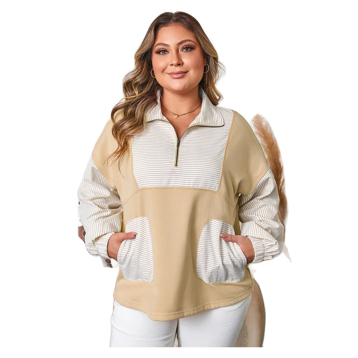 Women's Khaki Stripe Plus Size Color Block Half-Zip Sweatshirt
