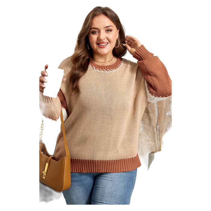 Women's Beige Plus Size Color Block Contrast-Stitch Sweater